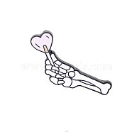 Skull Hand with Heart Enamel Pin, Electrophoresis Black Plated Alloy Badge for Backpack Clothes, Pearl Pink, 22.5x39.5mm(VALE-PW0001-065A)