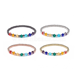 4Pcs 4 Color Glass Bicone & Brass Round Beaded Stretch Bracelets Set for Women, Mixed Color, Inner Diameter: 2 inch(5.2cm), 1Pc/color(BJEW-JB08712)