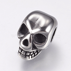304 Stainless Steel European Beads, Large Hole Beads, Skull, Antique Silver, 12.5x8x8.5mm, Hole: 4mm(X-STAS-F144-102AS)