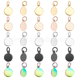 Unicraftale 50Pcs 5 Colors Vacuum Plating 304 Stainless Steel Charms, with Jump Rings, Blank Stamping Tag, Flat Round, Mixed Color, 10.5x8x0.8mm, Hole: 3.5mm, 10pcs/color(STAS-UN0021-66)