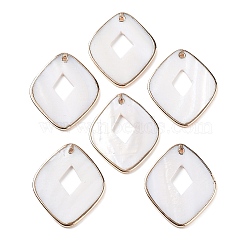 Natural Freshwater Shell Pendants, Square Charms with Golden Tone Brass Edge, Ghost White, 42x34.5x2mm, Hole: 1.4~1.6mm(SHEL-D082-02A)