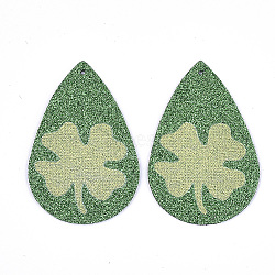PU Leather Big Pendants, with Glitter Powder, teardrop, with Clover Pattern, Green, 56x37x1.5mm, Hole: 1.2mm(FIND-S311-006A)