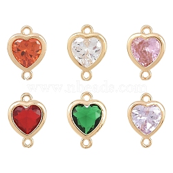 6Pcs 6 Colors K9 Glass Connector Charms, Heart Links with Golden Tone Brass Findings, Mixed Color, 14x10x4.5mm, Hole: 1.2mm, 1pc/color(FIND-YW0010-80)