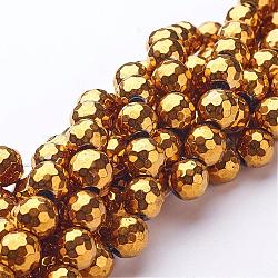Non-Magnetic Synthetic Hematite Bead Strands, Faceted, Round, Golden Plated, 10mm, Hole: 1mm, about 40pcs/strand, 15.9 inch(G-D009-2)