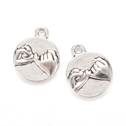 Tibetan Style Alloy ASL Pendants, Flat Round with Promise Gesture, Pinky Swear, Cadmium Free & Nickel Free & Lead Free, Antique Silver, 17.5x14.5x2.5mm, Hole: 2mm, about 161pcs/278g(TIBEP-Q002-24AS-NR)