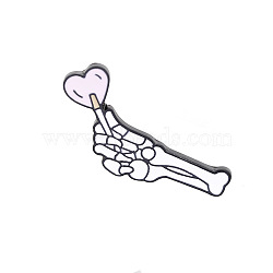 Skull Hand with Heart Enamel Pin, Electrophoresis Black Plated Alloy Badge for Backpack Clothes, Pearl Pink, 22.5x39.5mm(VALE-PW0001-065A)