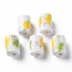 Handmade Porcelain Beads, Famille Rose Style, Column with Flower Pattern, Yellow, 12.5x8.5mm, Hole: 3mm(PORC-T007-10)