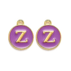 Golden Plated Alloy Enamel Charms, Enamelled Sequins, Flat Round with Alphabet, Letter.Z, Purple, 14x12x2mm, Hole: 1.5mm(ENAM-Q437-12Z)