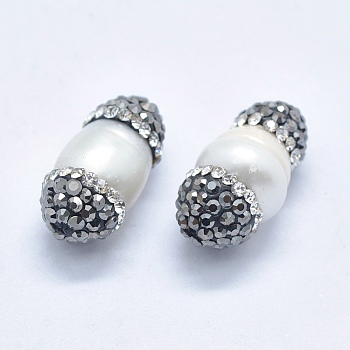 Natural Cultured Freshwater Pearl Beads, with Polymer Clay Grade A Rhinestone, Oval, 13~19x9~10mm, Hole: 1mm
