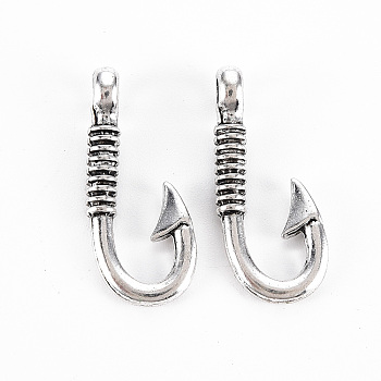 Tibetan Style Alloy Pendants, Fish Hook Pendants, Cadmium Free & Lead Free, Antique Silver, 24x11x4.5mm, Hole: 2.5mm