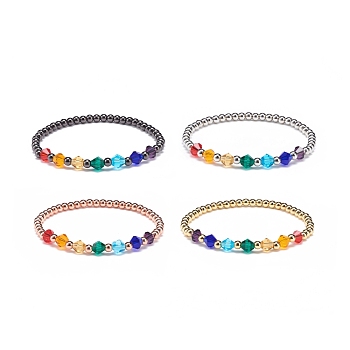 4Pcs 4 Color Glass Bicone & Brass Round Beaded Stretch Bracelets Set for Women, Mixed Color, Inner Diameter: 2 inch(5.2cm), 1Pc/color
