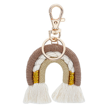 Tassel Rainbow Keychains, Handwoven Cotton Keychains, with Zinc Alloy Findings, Tan, 110mm