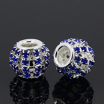 Brass Rhinestone European Beads, Large Hole Beads, Rondelle, Silver Color Plated, Sapphire, 12x10mm, Hole: 4mm