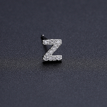 Platinum Brass Micro Pave Cubic Zirconia Stud Earrings, Initial Letter, Letter Z, No Size