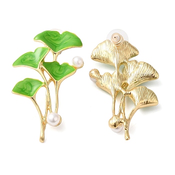 Alloy with Enamel Ear Studs, Leaf, Golden, Green, 53x32mm