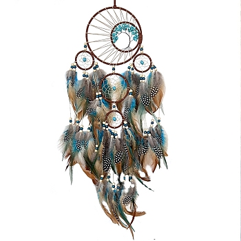 Woven Net/Web with Feather Art Wall Hanging Pendant Decorations, with Wood Beads, Synthetic Turquoise, Colorful, 800x150mm