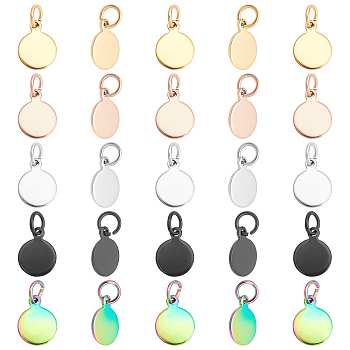 Unicraftale 50Pcs 5 Colors Vacuum Plating 304 Stainless Steel Charms, with Jump Rings, Blank Stamping Tag, Flat Round, Mixed Color, 10.5x8x0.8mm, Hole: 3.5mm, 10pcs/color