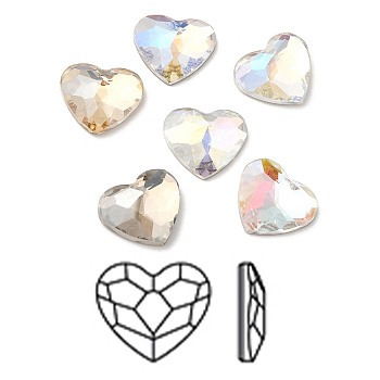 K9 Glass Rhinestone Cabochons, Flat Back & Back Plated, Faceted, Heart, Mixed Color, 12x14x4.5mm