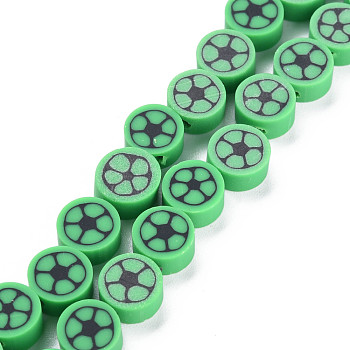 Handmade Polymer Clay Bead Strands, Flat Round with Football, Lime Green, 8~9x4~5mm, Hole: 1.2~1.4mm, about 40~41pcs/strand, 13.62 inch~13.86 inch(34.6cm~35.2cm)