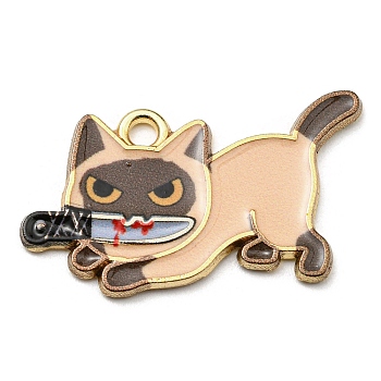 Printed Alloy Pendants, with Enamel, Golden, Cadmium Free & Nickel Free & Lead Free, Cat with Knife Shape Charms, Moccasin, 17x29x1.5mm, Hole: 2mm