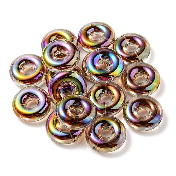 UV Plating Rainbow Iridescent Acrylic Beads, Two Tone Bead in Bead, Flat Round, Coconut Brown, 29.5x10.5mm, Hole: 3mm