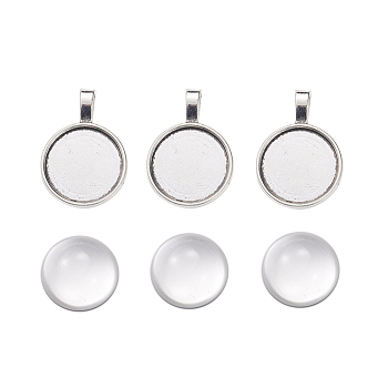 DIY Pendants Making, with Tibetan Style Alloy Pendant Cabochon Settings and Clear Half Round Glass Cabochons, Flat Round, Antique Silver, Cabochons: 9.5x20mm, Settings: 32x23x2mm, 2pcs/set
