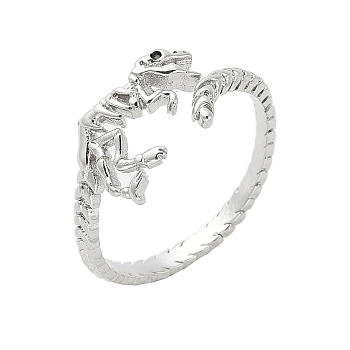 Dinosaur Skeleton Brass Open Cuff Ring for Women, with Enamel, Platinum, Inner Diameter: 17mm