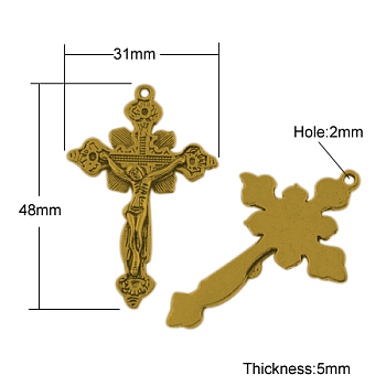Tibetan Style Alloy Pendants, For Easter, Cadmium Free & Nickel Free & Lead Free, Crucifix Cross, Antique Golden, 48x31x5mm, Hole: 2mm