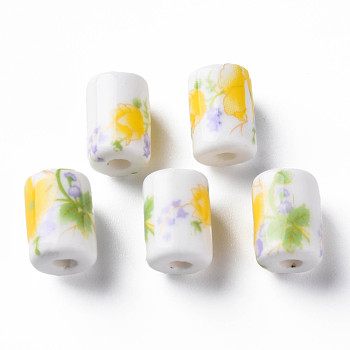 Handmade Porcelain Beads, Famille Rose Style, Column with Flower Pattern, Yellow, 12.5x8.5mm, Hole: 3mm