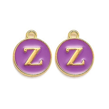 Golden Plated Alloy Enamel Charms, Enamelled Sequins, Flat Round with Alphabet, Letter.Z, Purple, 14x12x2mm, Hole: 1.5mm