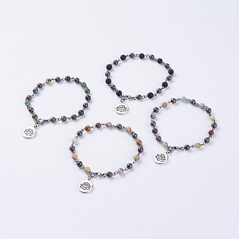 Natural Gemstone Anklets, with 304 Stainless Steel Lobster Claw Clasps and Tibetan Style Pendants, Lotus, 8-7/8 inch(225mm)