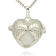 Silver Color Plated Brass Hollow Heart Cage Pendants, with No Hole Spray Painted Brass Ball Beads, WhiteSmoke, 28x30x16mm, Hole: 3x8mm(KK-J241-06S)