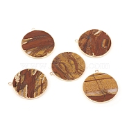 Natural Picture Jasper Pendants, with Brass Findings, Flat Round, Golden, 32~34x28.5~31x2mm, Hole: 1.6mm(G-E526-10I)
