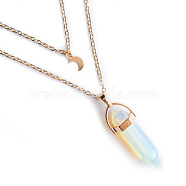 Opalite Double Terminated Pointed Bullet & Moon Alloy Pendant Double Layer Necklaces for Women, Golden, 13.78 inch(35cm)(WGAD714-05)