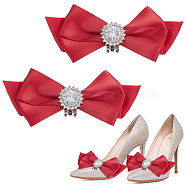 Polyester Bowknot Shoe Decorations, with Glass Rhinestone & Alloy Clip, Red, 45x103x19mm(AJEW-WH0348-227)