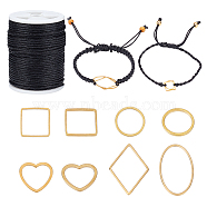 PandaHall Elite DIY Cord Bracelets Making Kit, Including Waxed Cotton Cords, 304 Stainless Steel & Brass Linking Rings, Black, Cord: 0.95~1mm, 10mm/set(DIY-PH0006-91)