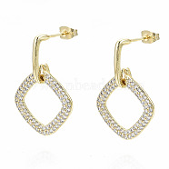 Brass Micro Pave Cubic Zirconia Dangle Stud Earrings, with Earring Backs, Nickel Free, Rhombus, Real 16K Gold Plated, Clear, 32mm, Pin: 0.8mm(EJEW-S208-134B-NF)