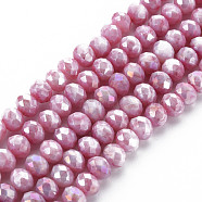 Opaque Baking Painted Glass Beads Strands, Imitation Stones, Faceted, AB Color Plated, Rondelle, Flamingo, 8x6mm, Hole: 1.2mm, about 63~64pcs/strand, 15.87 inch~16.14 inch(40.3~41cm)(EGLA-N006-010A-B02)