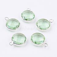 Silver Color Plated Brass Glass Flat Round Charms, Faceted, Pale Green, 12x8.5x3mm, Hole: 1.5mm(GLAA-M003-A-06S)