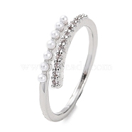 Clear Cubic Zirconia Curff Ring with ABS Imitation Pearl Beaded, Adjustable Brass Ring, Platinum, Inner Diameter: 17mm(RJEW-B041-01P)