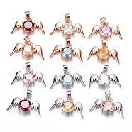 Brass Cubic Zirconia Pendant, Angel Wings, Mixed Color, 11.5x21x5mm, Hole: 4x5mm(ZIRC-P016-04M)