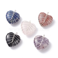 Natural Gemstone Pendants, with Silver Tone Copper Wire Wrapped, Heart, 34x30x18mm, Hole: 6mm(PALLOY-JF01283)