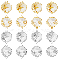 8Pcs 4 Styles Eco-Friendly Rack Plating Brass Connector Charms with White Shell, Long-Lasting Plated, Flat Round Links with Sun, Mixed Color, 20~29.5x16x2.5~4mm, Hole: 1.2~1.4mm, 2pcs/style(KK-DC0003-32)