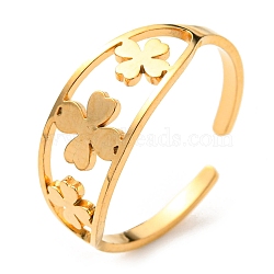 304 Stainless Steel Clover Open Cuff Ring, Golden, Inner Diameter: 18mm(RJEW-F149-04G)