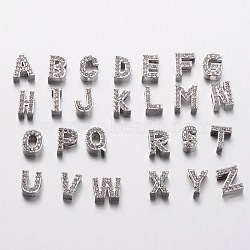 Platinum Plated Brass Micro Pave Cubic Zirconia Letter Slide Charms, Random Mixed Letters, 8~11x4~10x4~4.5mm, Hole: 4.5x1.5mm(ZIRC-E015-04)