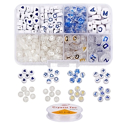 DIY Letter Beads Bracelet Making Kit, Including Flat Round Transparent & Opaque Acrylic Beads and Elastic Thread, Blue, Beads: about 395pcs/set(DIY-YW0004-29)
