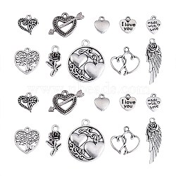 100pcs 10 Style Tibetan Style Alloy Charms, Lead Free & Cadmium Free, for Valentine's Day, Heart & Rose & Wings & Flat Round, Antique Silver, 11.5~30x10~24x1~3mm, Hole: 1~2.5mm, 10pcs/sytle(TIBEP-CJ0001-37)