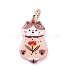 Printed Brass Pendants, Cat Shape with Flower Charms, Golden, PeachPuff, 18.5x11.5x2.5mm, Hole: 4mm(KK-CBAB1CA-19A-G)