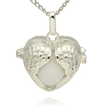 Silver Color Plated Brass Hollow Heart Cage Pendants, with No Hole Spray Painted Brass Ball Beads, WhiteSmoke, 28x30x16mm, Hole: 3x8mm