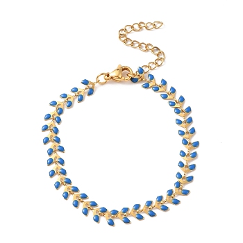 Enamel Ear of Wheat Link Chains Bracelet, Vacuum Plating 304 Stainless Steel Jewelry for Women, Blue, 6-7/8 inch(17.6cm)